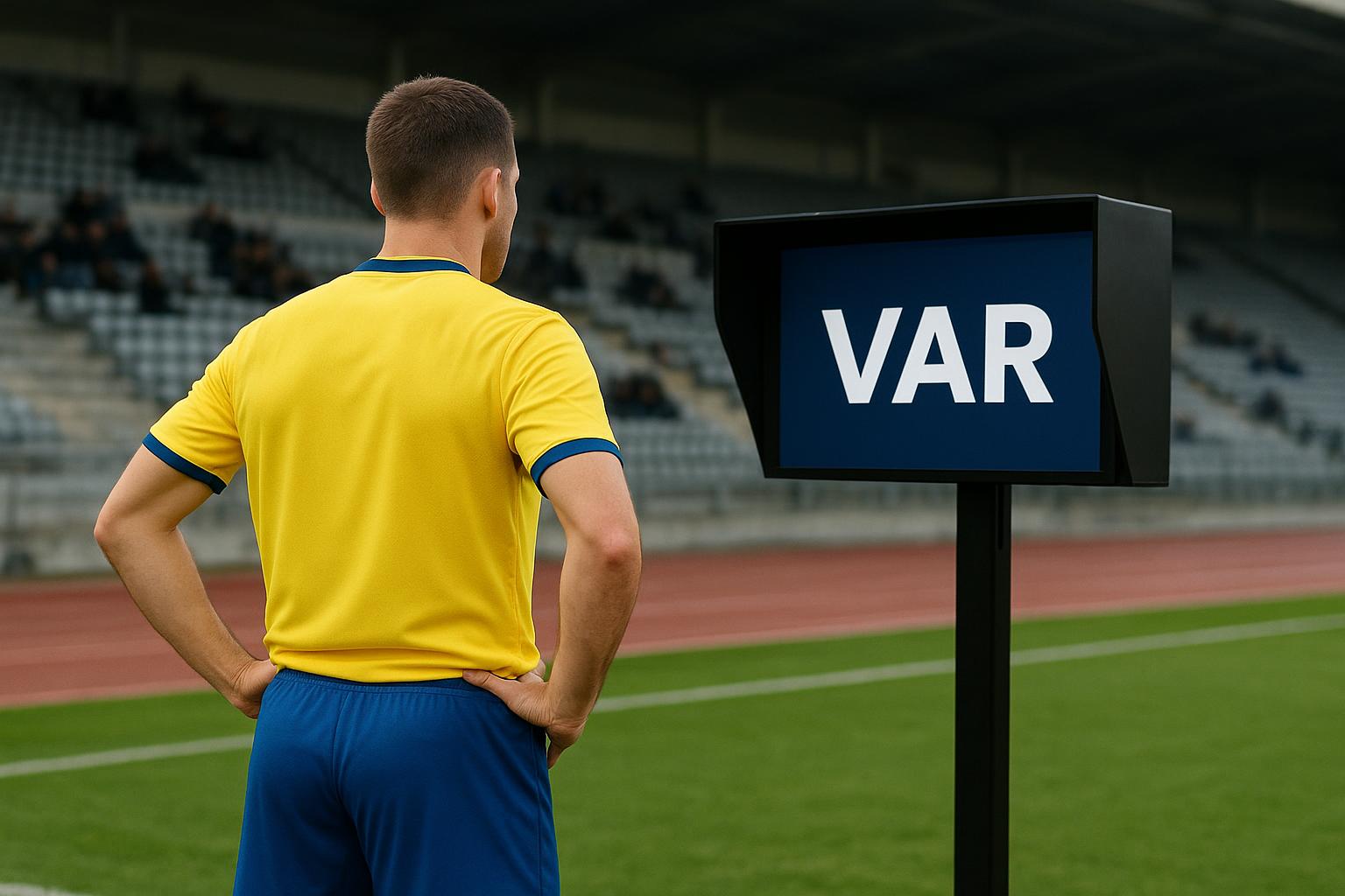 Scheidsrechter die een VAR-beslissing bekijkt in een stadion tijdens een match in de Jupiler Pro League.