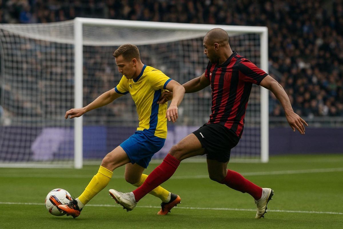 De bal rolt richting doel tijdens een wedstrijd in de Jupiler Pro League, in de context van de topschuttersstrijd.