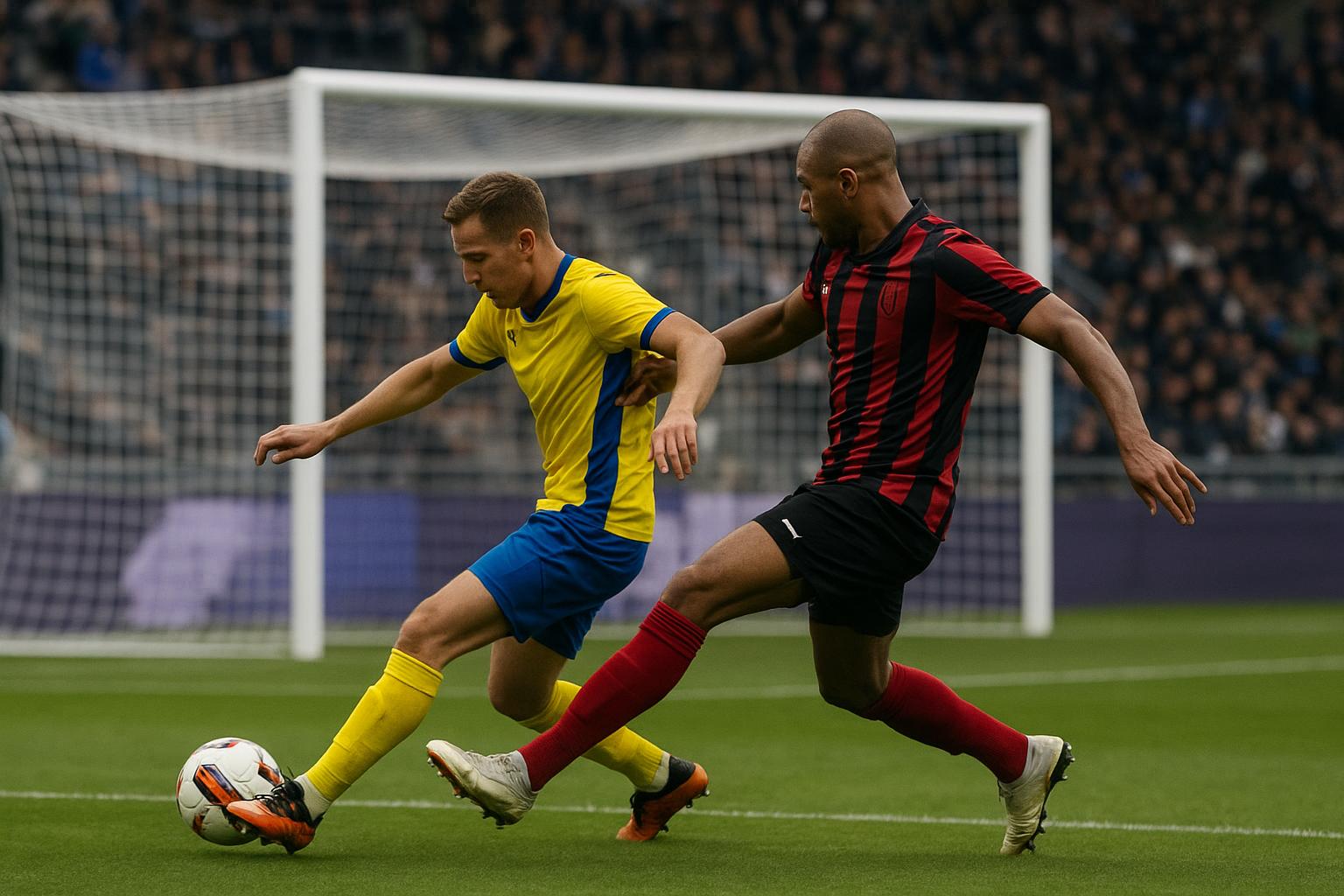 De bal rolt richting doel tijdens een wedstrijd in de Jupiler Pro League, in de context van de topschuttersstrijd.