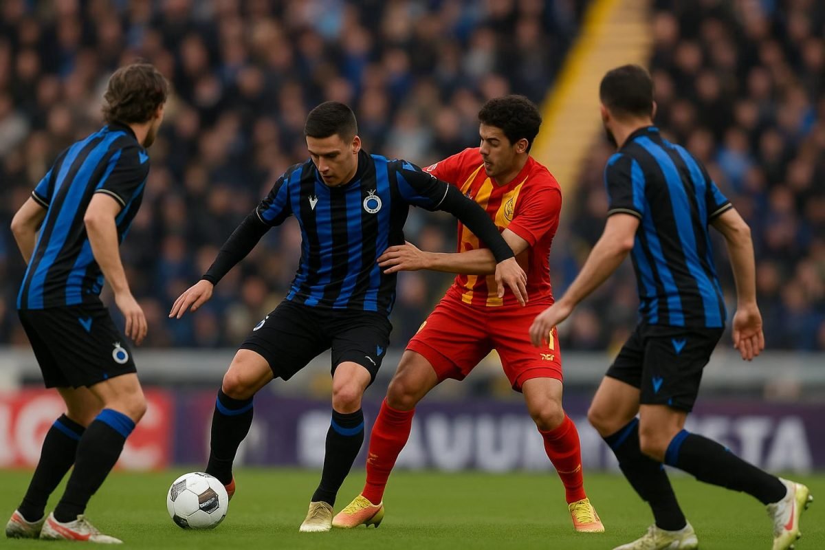Spelers van Club Brugge vieren een doelpunt in het stadion na de wedstrijd tegen KV Mechelen.