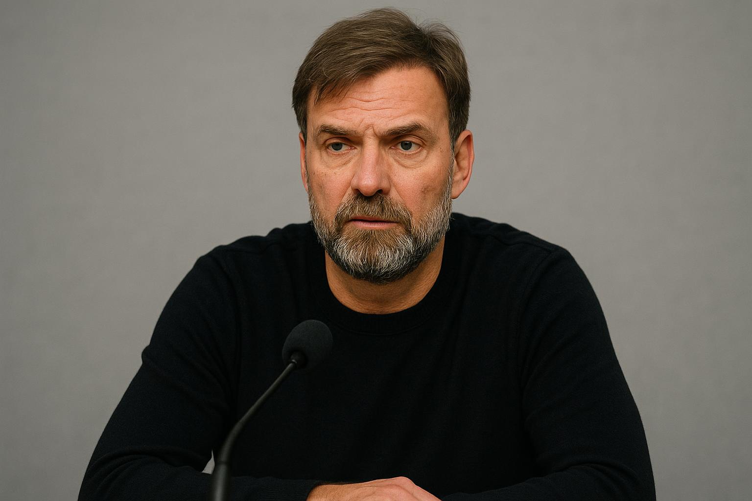 Jürgen Klopp tijdens een persmoment, neutrale achtergrond