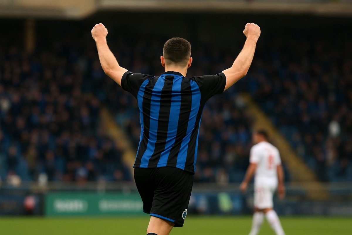 Brandon Mechele van Club Brugge viert na een doelpunt in een wedstrijd.