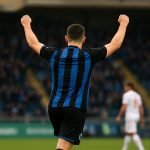 Brandon Mechele van Club Brugge viert na een doelpunt in een wedstrijd.