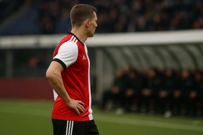 Raheem Sterling langs de zijlijn in Feyenoord-tenue tijdens een wedstrijdmoment