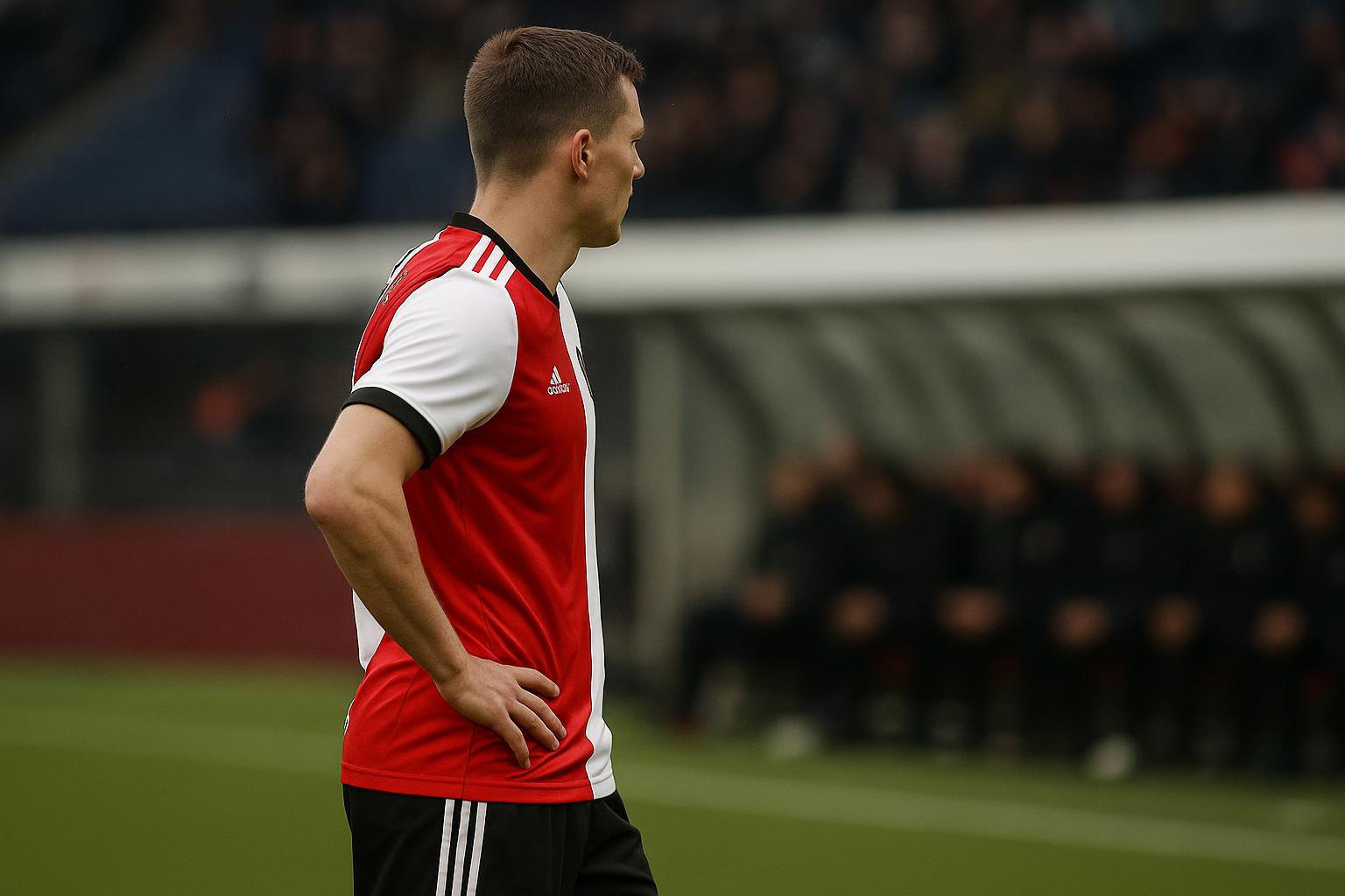Raheem Sterling langs de zijlijn in Feyenoord-tenue tijdens een wedstrijdmoment