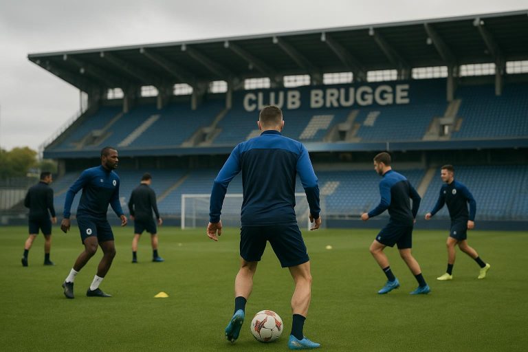 Spelers van Club Brugge trainen in aanloop naar de Champions’ Play-offs in het Jan Breydelstadion.