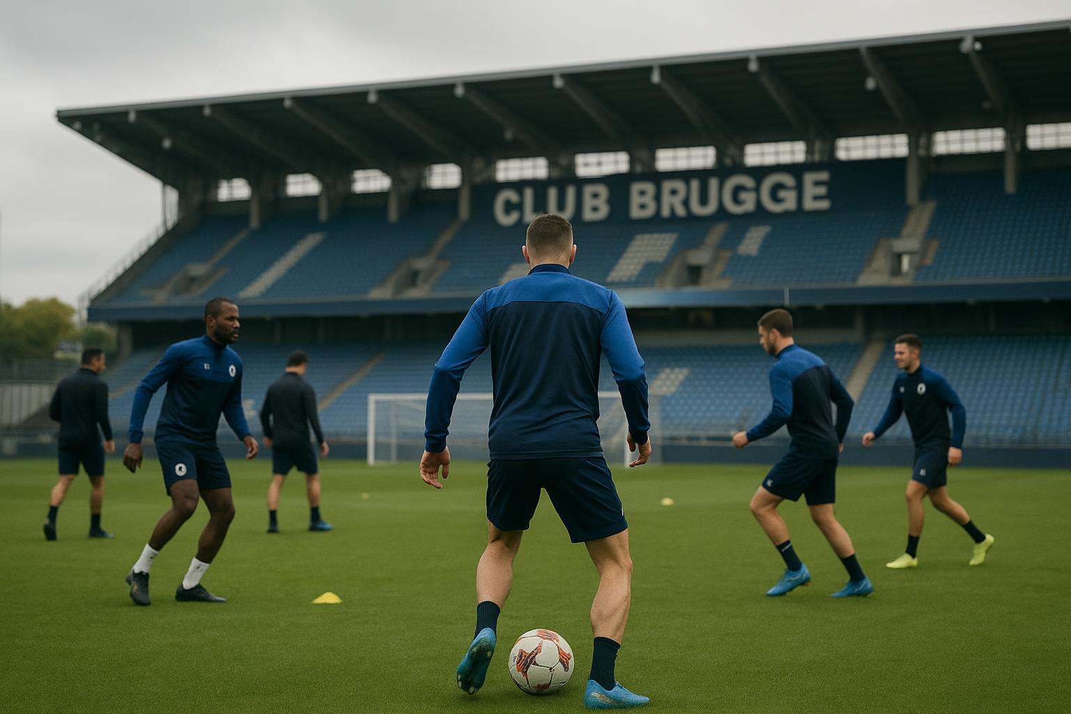 Spelers van Club Brugge trainen in aanloop naar de Championsโ Play-offs in het Jan Breydelstadion.