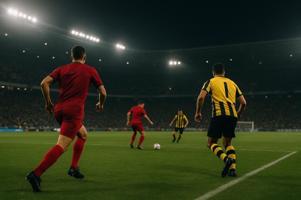 Sfeerbeeld rond de Jupiler Pro League met stadionlichten op de achtergrond