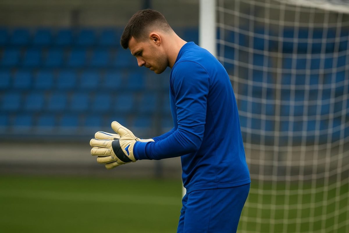 Een doelman van KRC Genk tijdens een trainingsmoment aan het doel