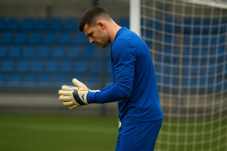 Een doelman van KRC Genk tijdens een trainingsmoment aan het doel