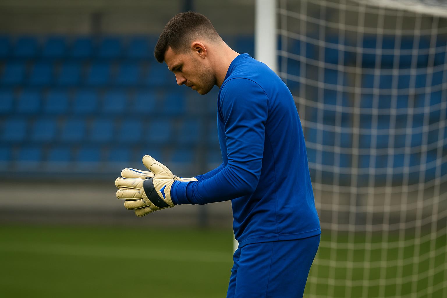 Een doelman van KRC Genk tijdens een trainingsmoment aan het doel