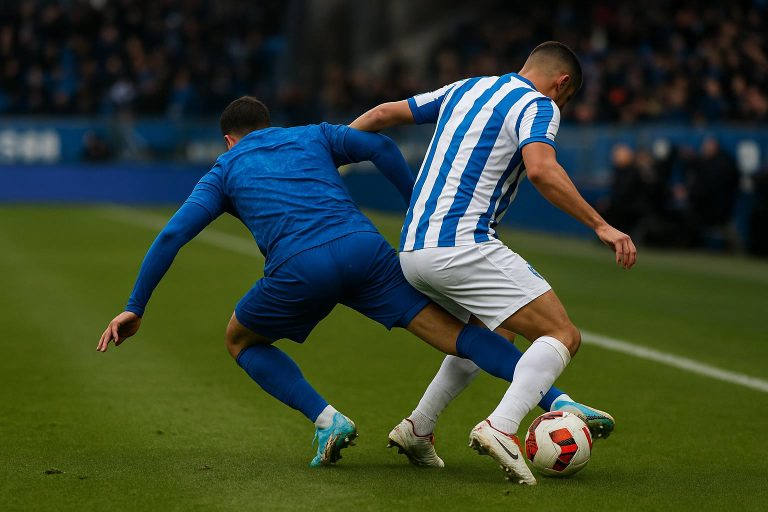 Speler van KRC Genk in een verdedigend duel tijdens een wedstrijd