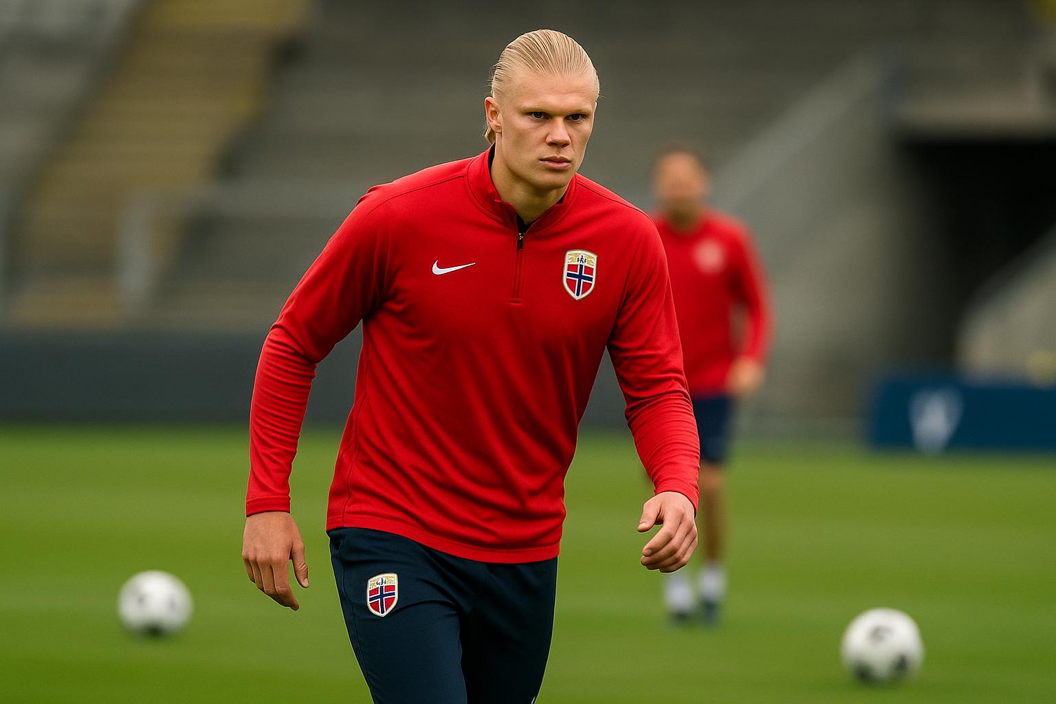 Spelers van Noorwegen tijdens een training in stadionomgeving zonder herkenbare gezichten