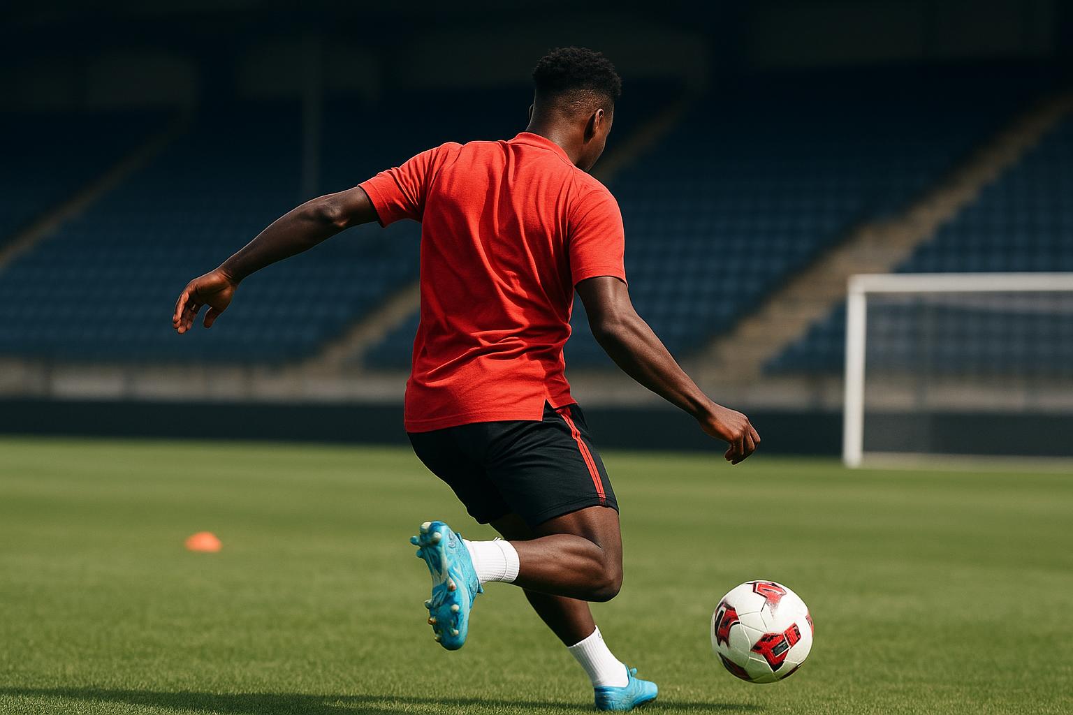 Jรฉrรฉmy Doku in tenue van de Rode Duivels tijdens een training