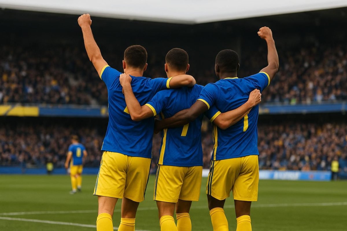 Spelers van Union Saint-Gilloise vieren in het stadion na een wedstrijd, met onherkenbare gezichten.