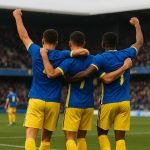 Spelers van Union Saint-Gilloise vieren in het stadion na een wedstrijd, met onherkenbare gezichten.