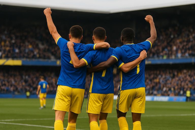 Spelers van Union Saint-Gilloise vieren in het stadion na een wedstrijd, met onherkenbare gezichten.
