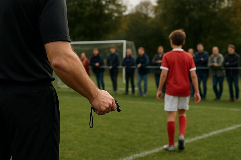 Scheidsrechter met fluit langs een jeugdvoetbalveld