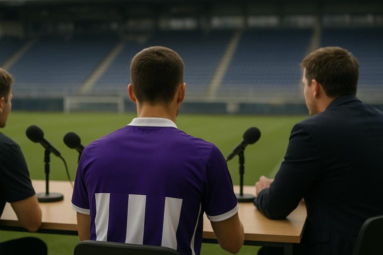 Kenneth Bornauw van Anderlecht tijdens een persmoment over het format in de Jupiler Pro League