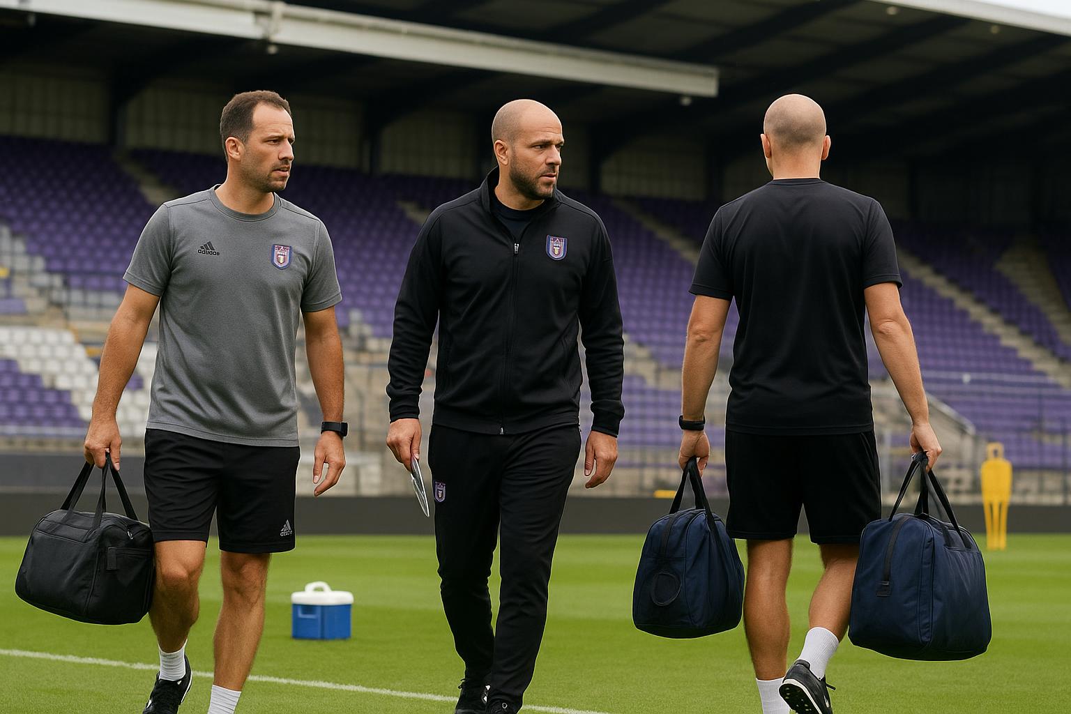 Beeld uit de trainingscontext bij RSC Anderlecht, met focus op de staf in Neerpede