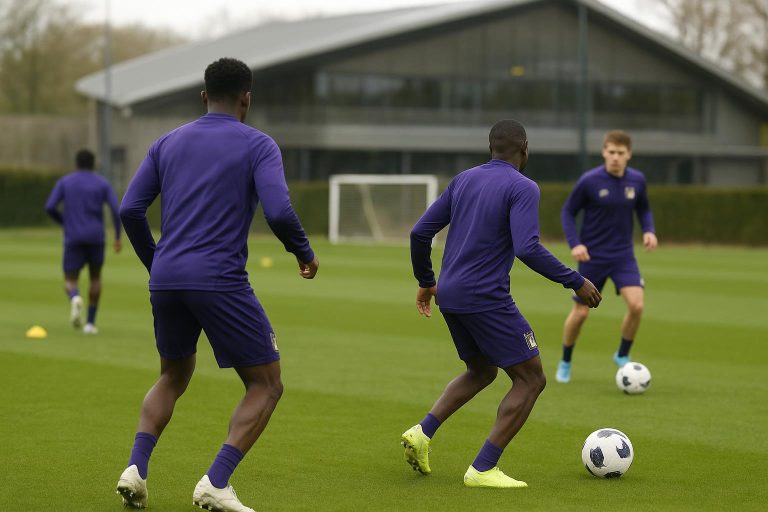 Training bij RSC Anderlecht in Neerpede met spelers op het veld