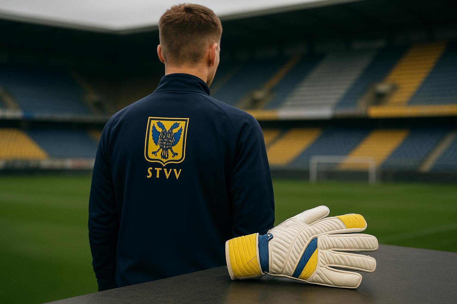 Een STVV-doelman met handschoenen op het trainingsveld op Stayen