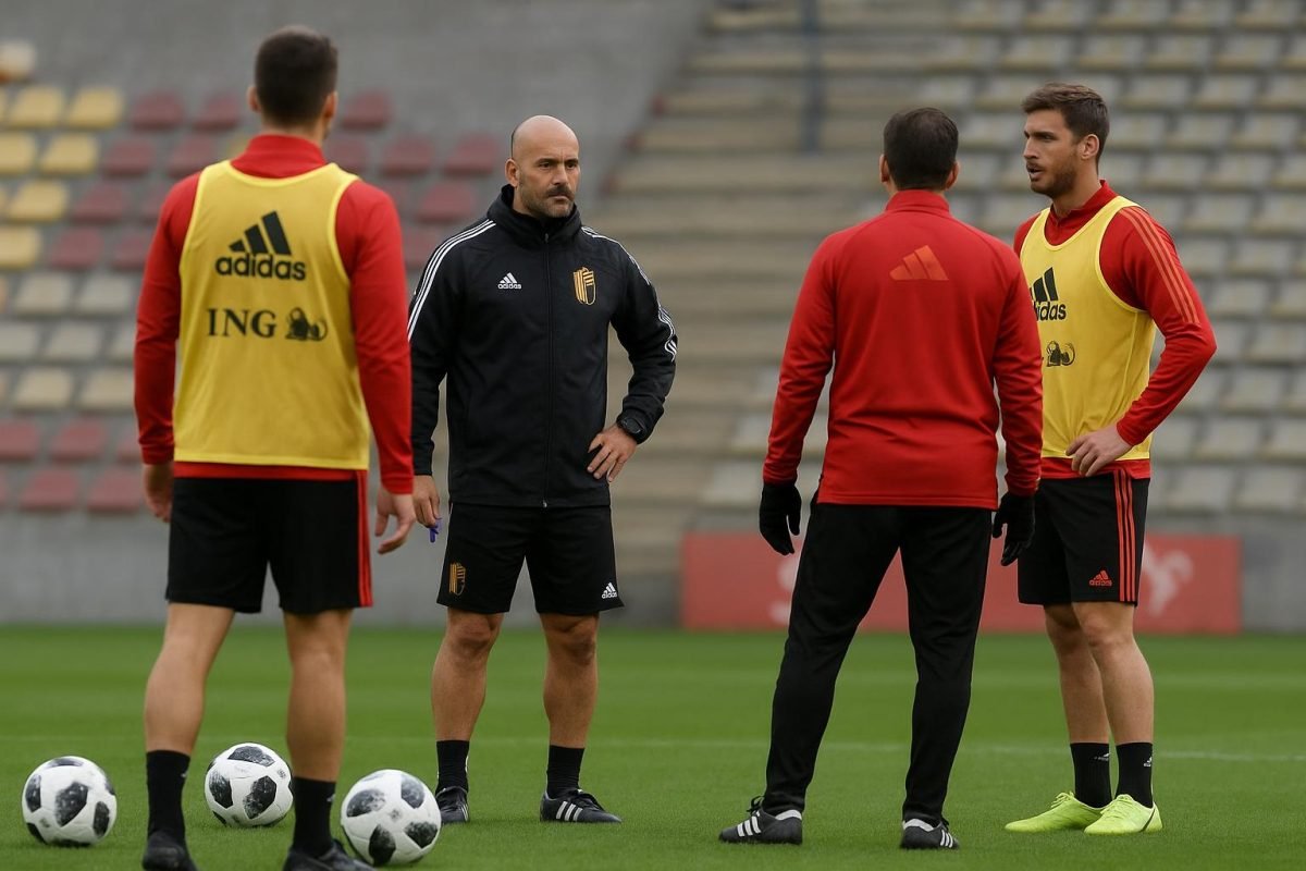 Rudi Garcia tijdens een training van de Rode Duivels, met spelers op de achtergrond
