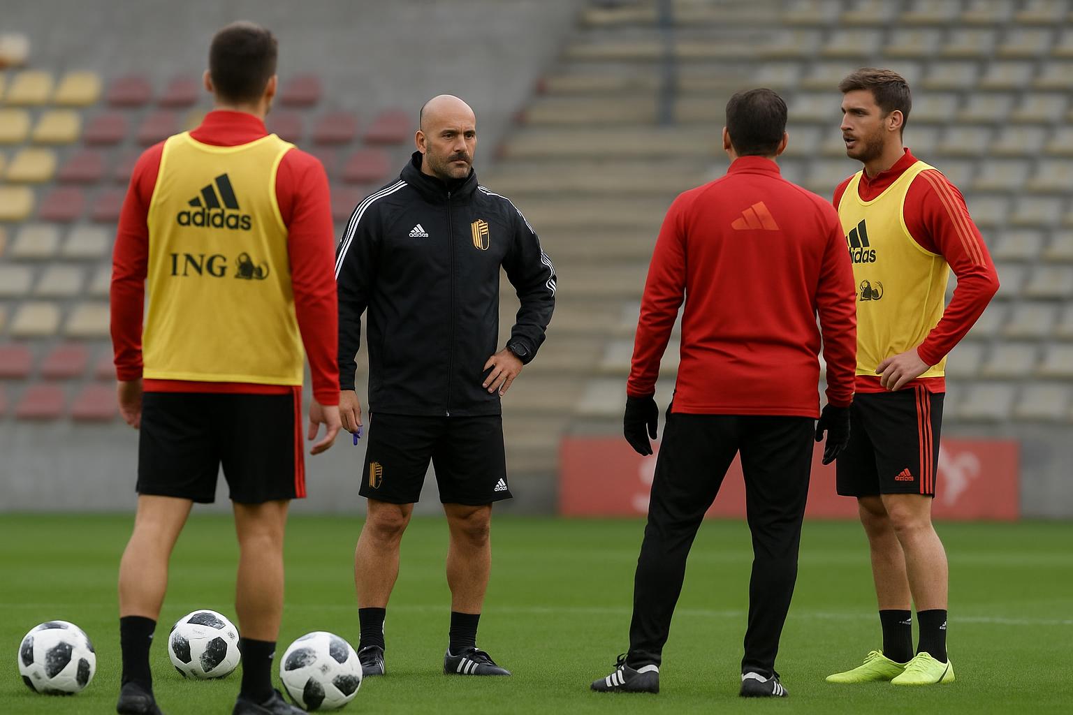 Rudi Garcia tijdens een training van de Rode Duivels, met spelers op de achtergrond