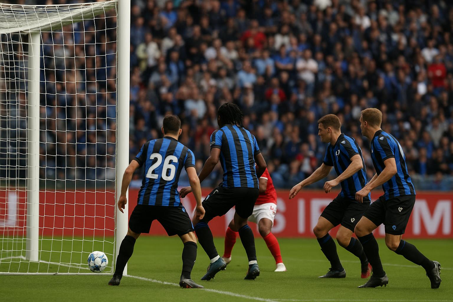 Een wedstrijdbeeld in de Jupiler Pro League met Club Brugge in actie, in de context van de strijd om de topschutterstitel