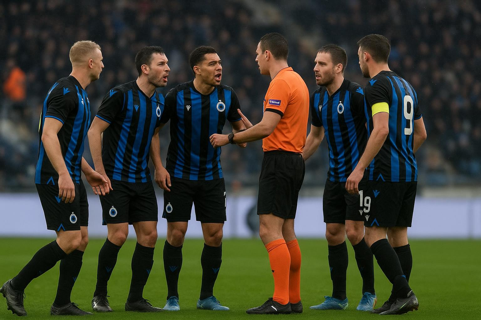 Spelers en staf van Sporting Charleroi en Club Brugge in discussie na het laatste fluitsignaal op Mambourg