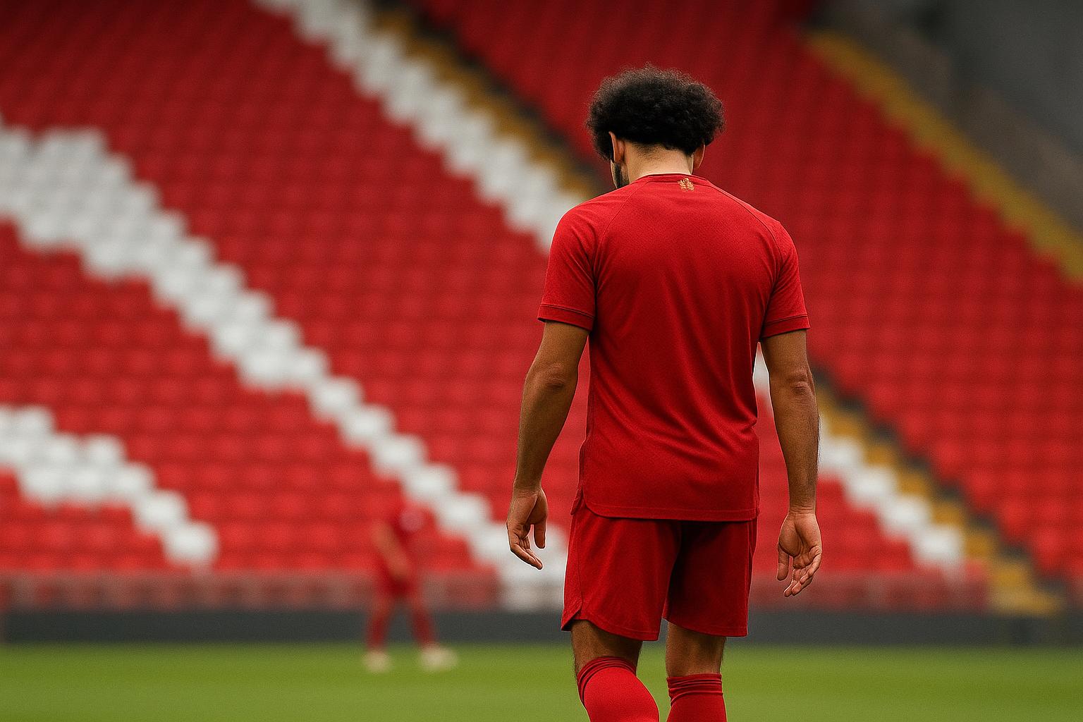 Mohamed Salah van Liverpool oogt aangeslagen in een stadionomgeving.