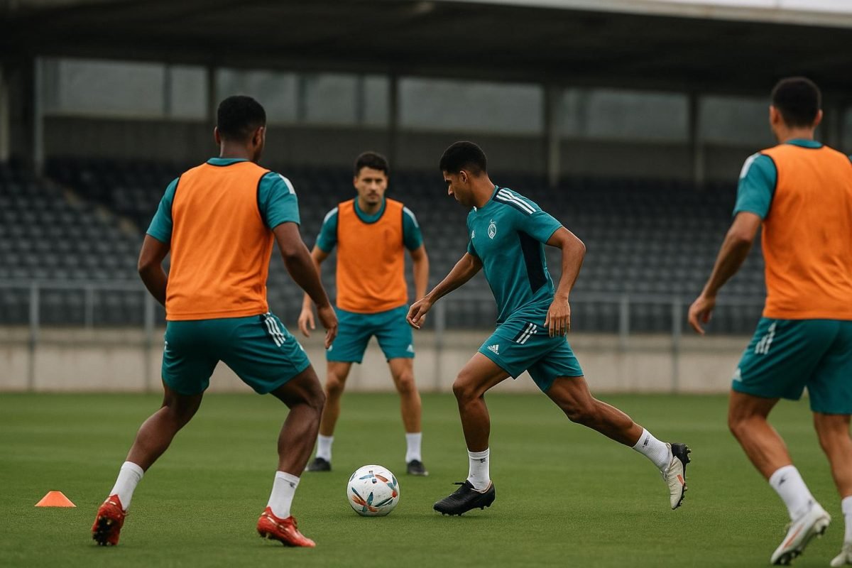 Trainingsbeeld op het complex van Real Madrid waar een jeugdspeler meeloopt tijdens een stage.