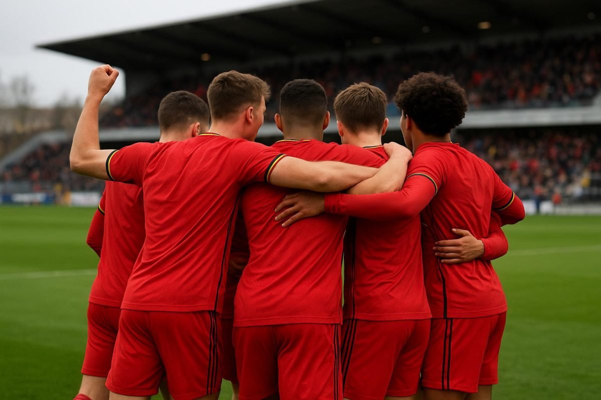 Spelers van België U17 vieren een late overwinning in een jeugdinterland.