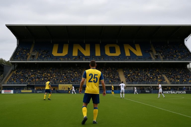Sfeerbeeld in het Dudenpark bij Union Saint-Gilloise, met spelers op het veld zonder herkenbare gezichten.