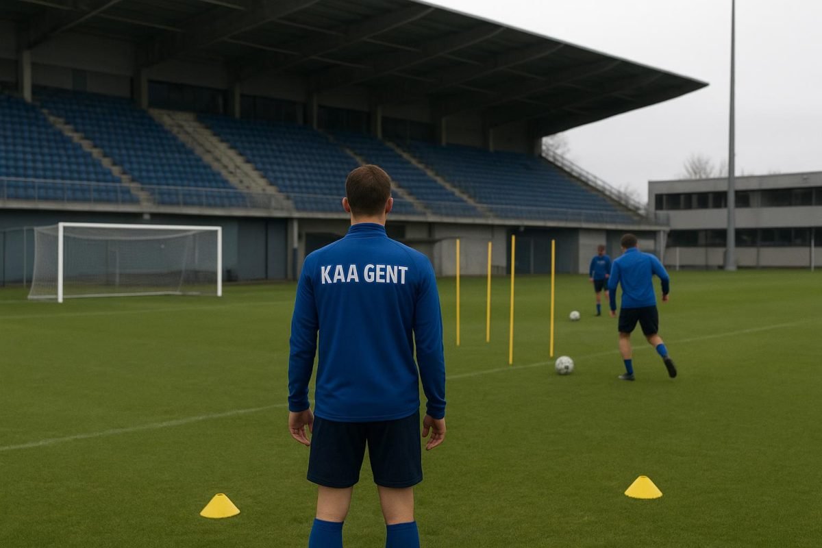 Trainingsveld van KAA Gent met spelers op de achtergrond tijdens een rustige interlandperiode