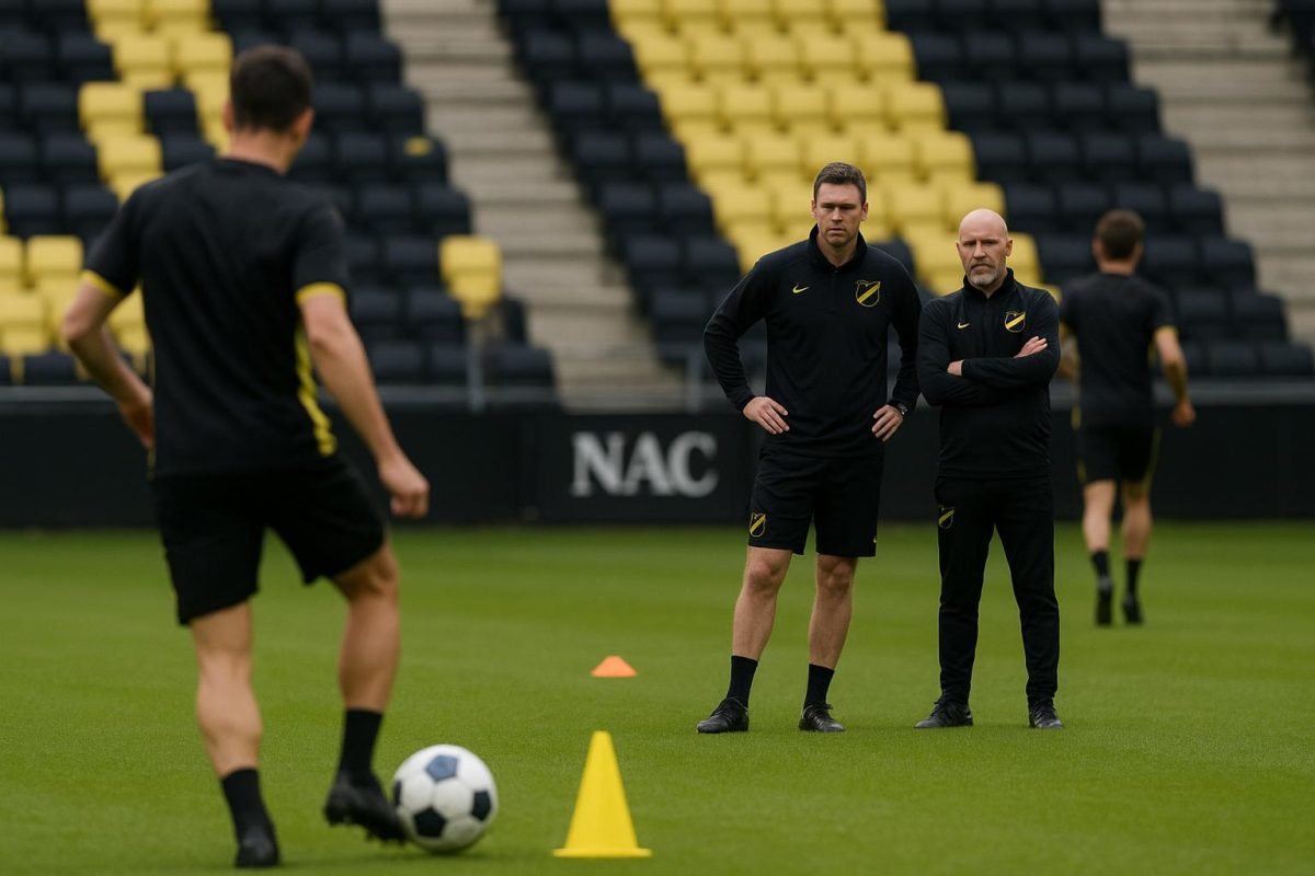 Training van NAC Breda met staf op het veld tijdens de degradatiestrijd
