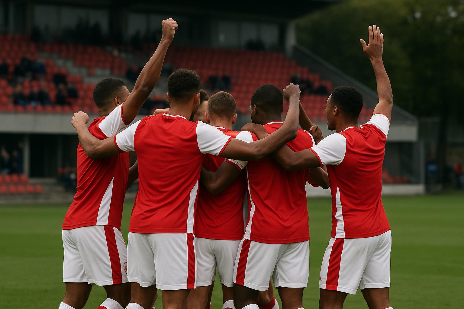 Antwerp viert na een doelpunt in een oefenwedstrijd, met spelers zonder herkenbare gezichten in beeld