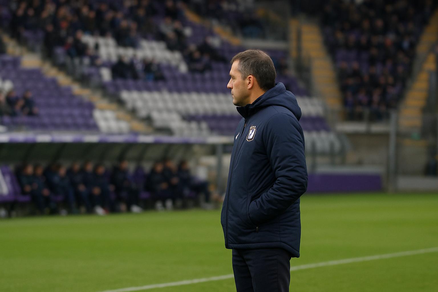 Jérémy Taravel langs de zijlijn bij RSC Anderlecht tijdens een wedstrijdmoment