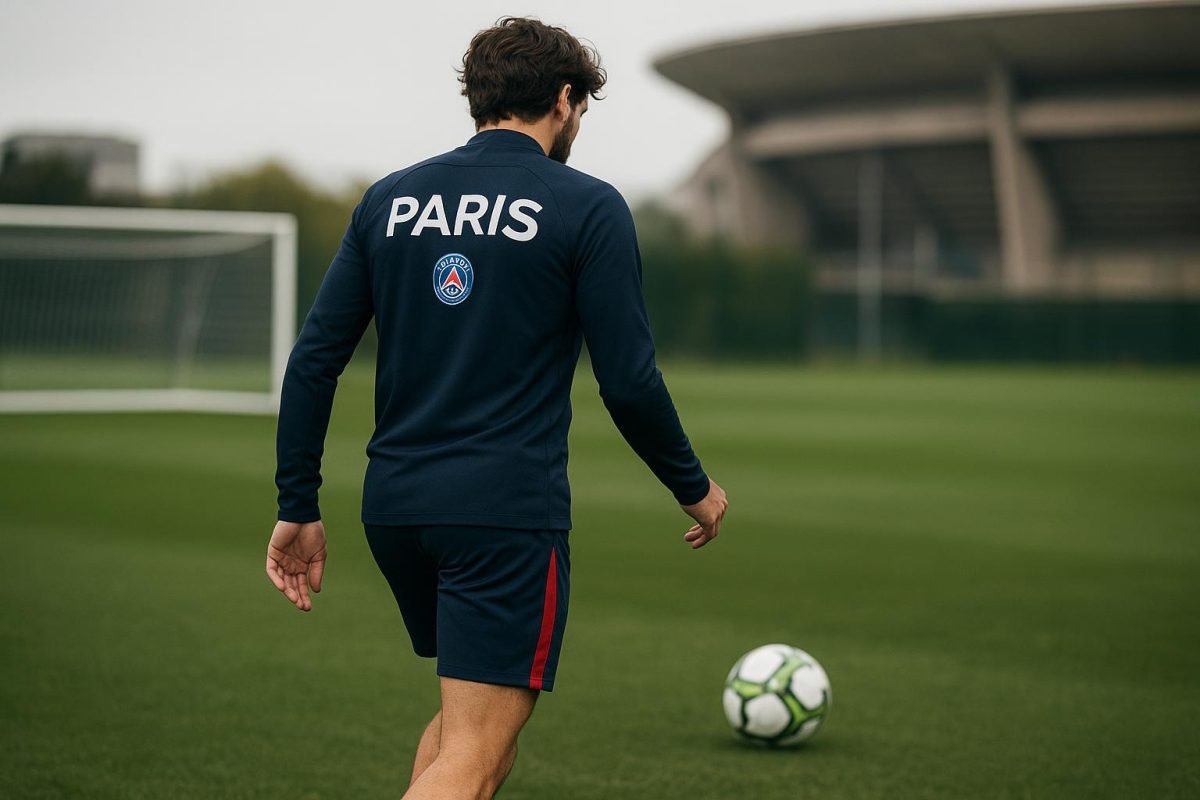 Khvicha Kvaratskhelia van PSG tijdens een trainingsmoment, gezien vanop de rug.