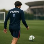 Khvicha Kvaratskhelia van PSG tijdens een trainingsmoment, gezien vanop de rug.