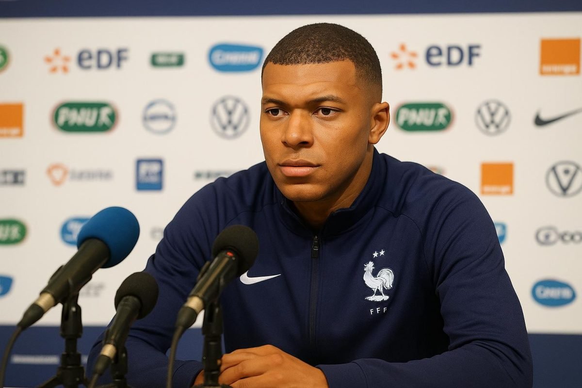 Kylian Mbappé spreekt de pers toe tijdens een persmoment bij de Franse ploeg.