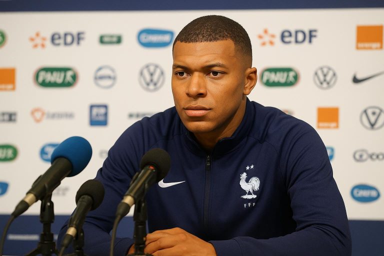 Kylian Mbappé spreekt de pers toe tijdens een persmoment bij de Franse ploeg.