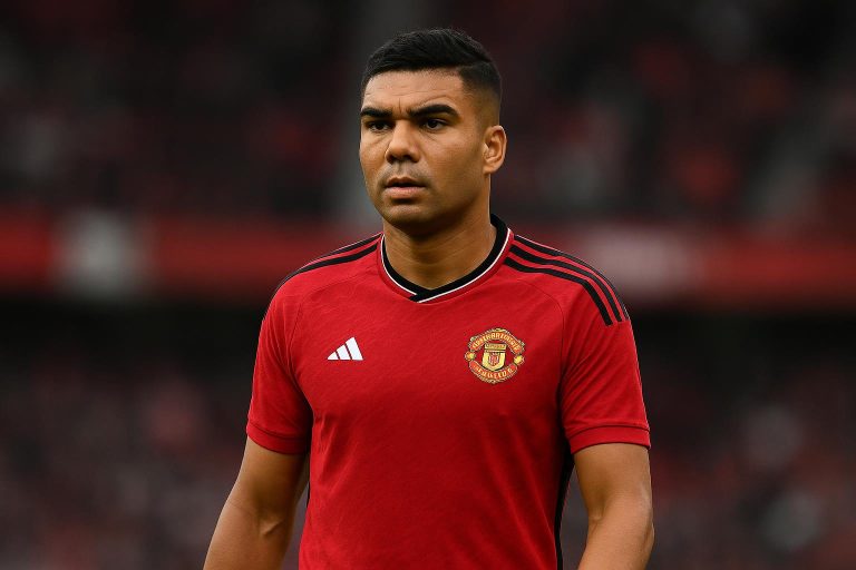 Casemiro van Manchester United in wedstrijdcontext, gefotografeerd van op afstand
