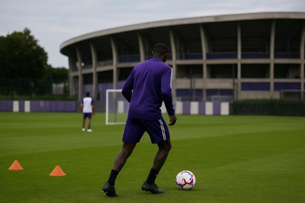 Trainingbeeld bij RSC Anderlecht met spelers op de achtergrond, zonder herkenbare gezichten