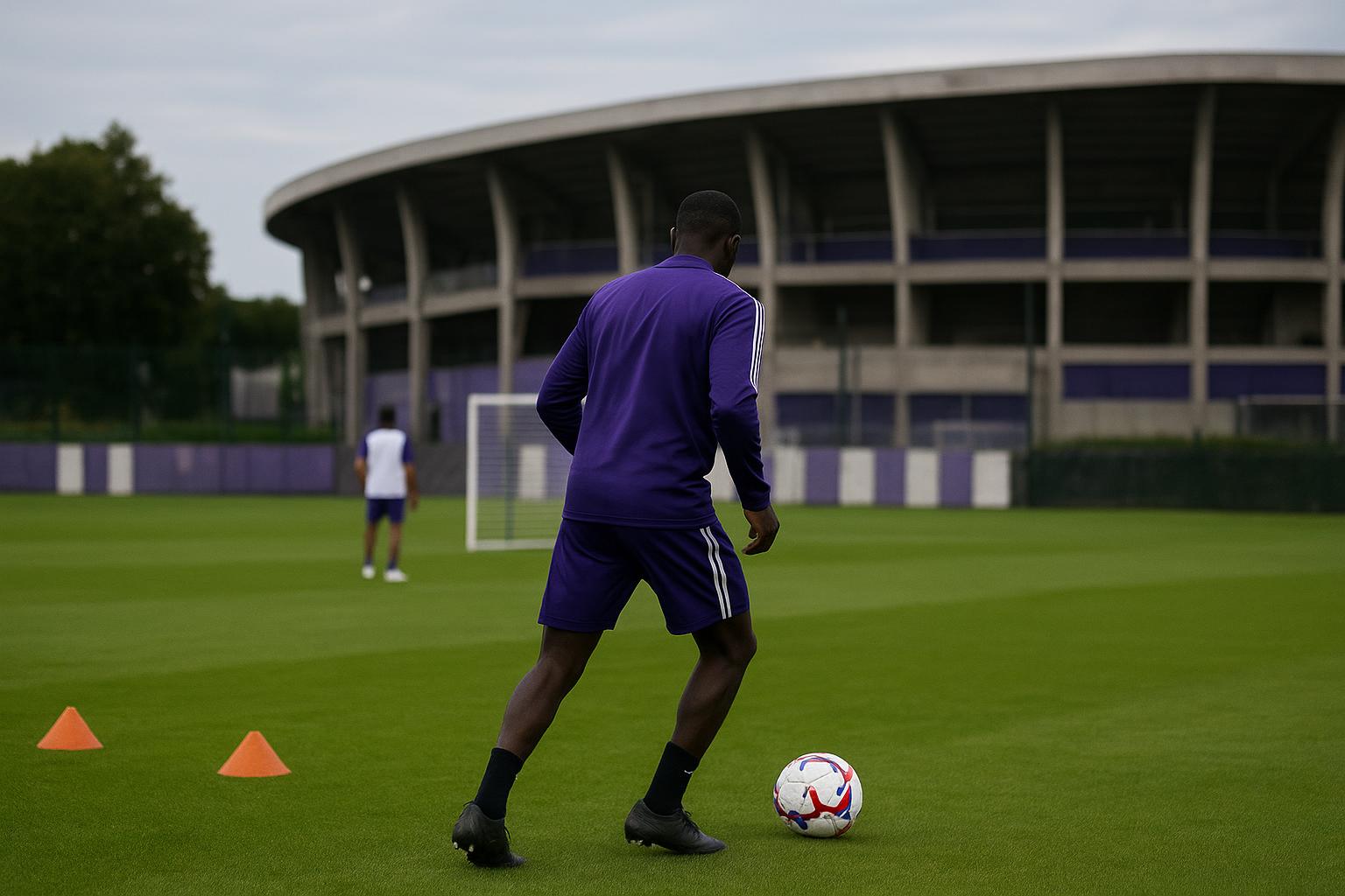 Trainingbeeld bij RSC Anderlecht met spelers op de achtergrond, zonder herkenbare gezichten
