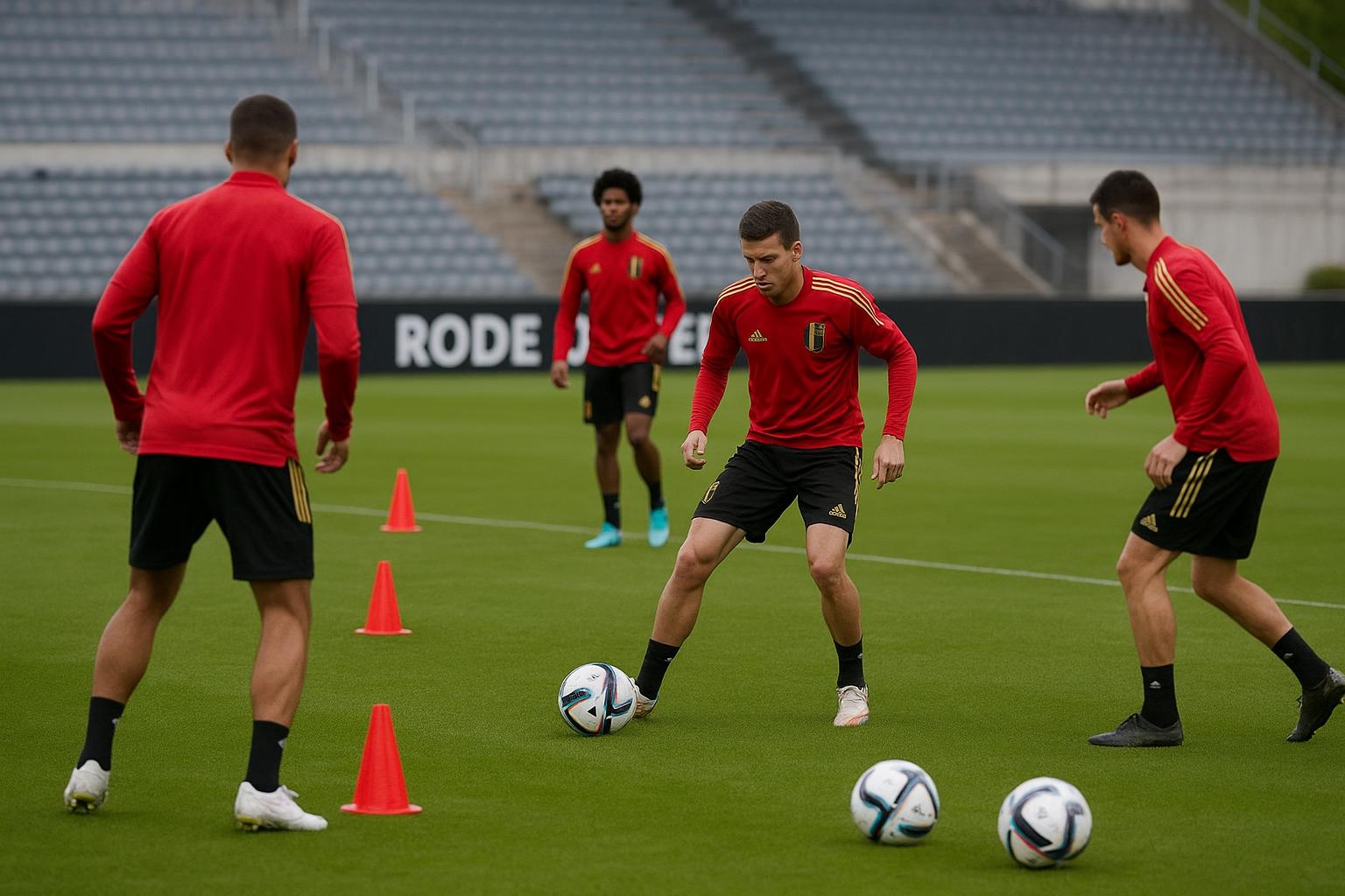 Sfeerbeeld van een training van de Rode Duivels met focus op een aanvaller