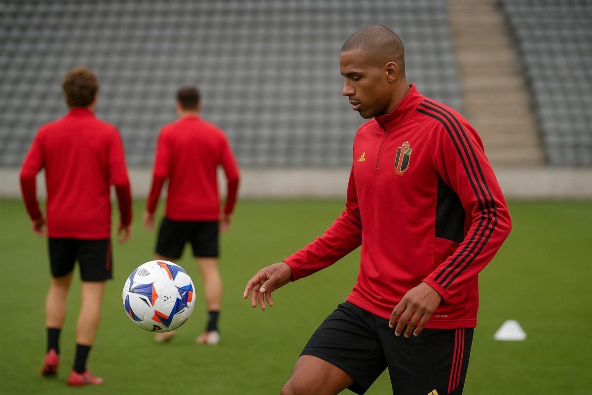Een speler van de Rode Duivels op training met focus, in aanloop naar een interlandperiode.