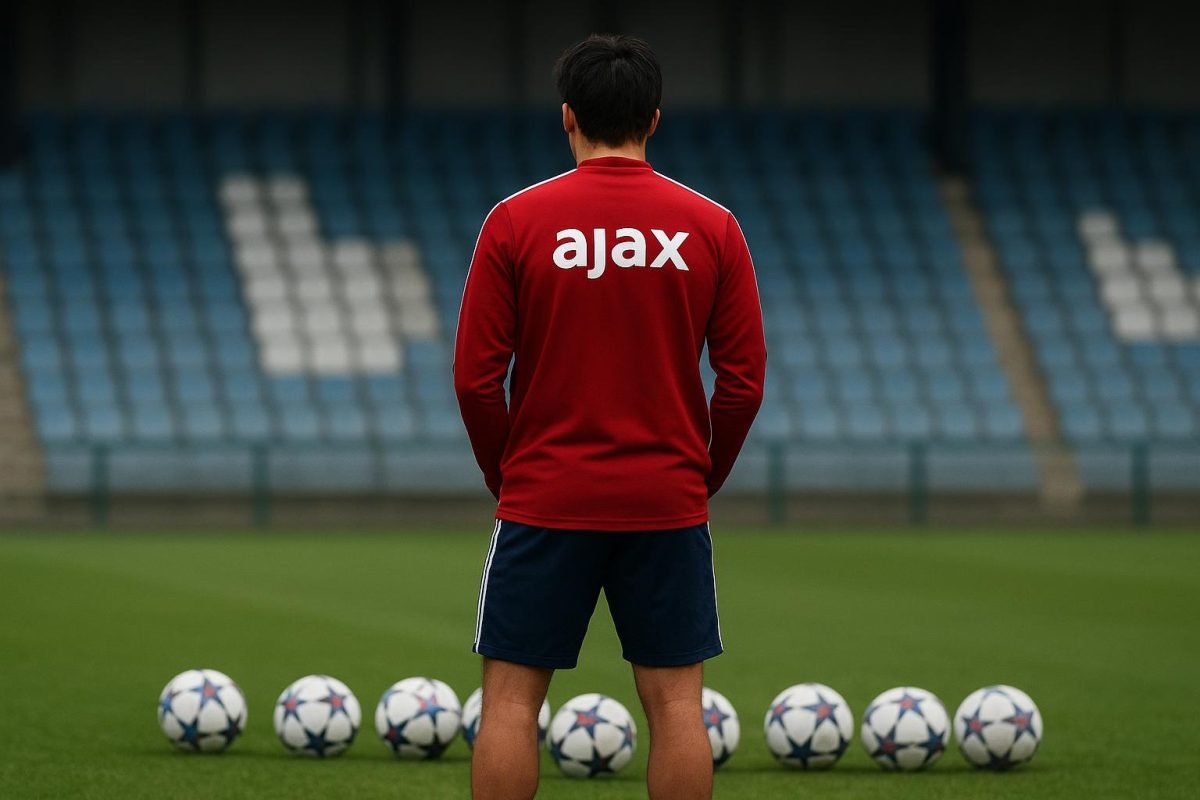 Takehiro Tomiyasu in Ajax-tenue tijdens een trainingsmoment, gefotografeerd vanop afstand zonder herkenbare gezichten.