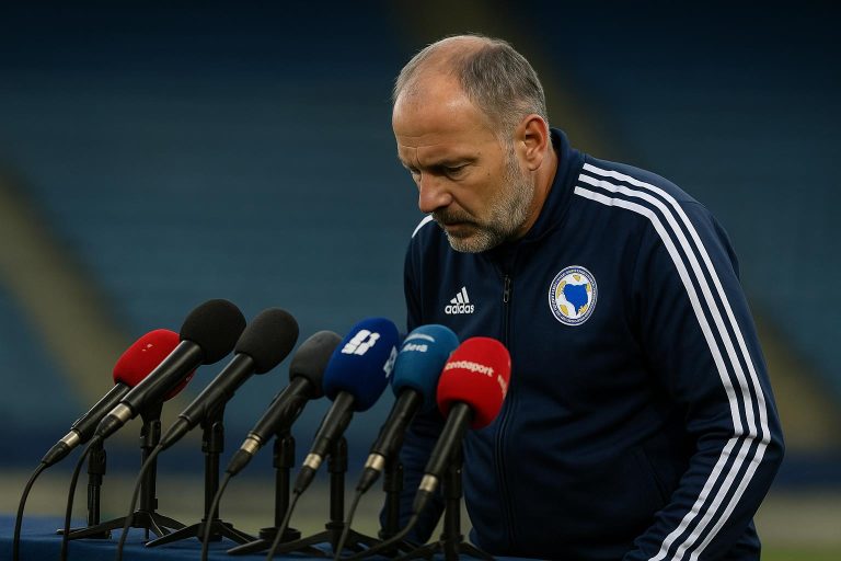 Persmoment rond de bondscoach van Bosnië en Herzegovina in aanloop naar de wedstrijd tegen Wales