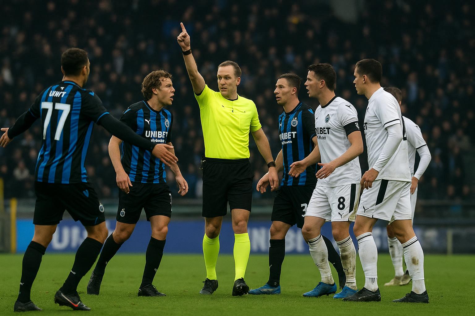 Sfeerbeeld in het stadion tijdens Sporting Charleroi tegen Club Brugge, met focus op de discussie rond extra tijd en arbitrage.